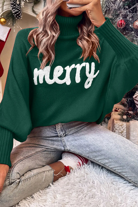 Emerald green turtleneck acrylic sweater with "Merry" text on front.