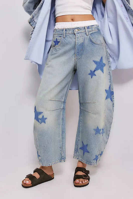 Wide leg jeans with contrast star detail in rayon blend fabric, no stretch, pocketed design