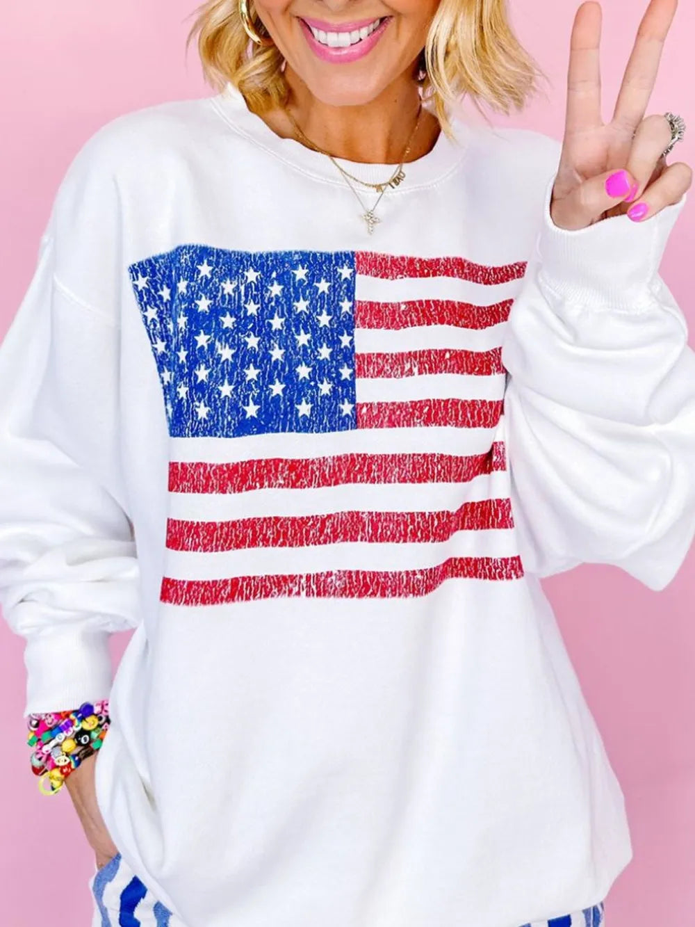 Long sleeve sweatshirt with US flag print, round neck, cotton blend fabric in basic style