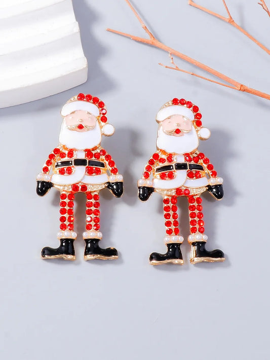 Pair of alloy Santa Claus earrings with red rhinestones and black boots.