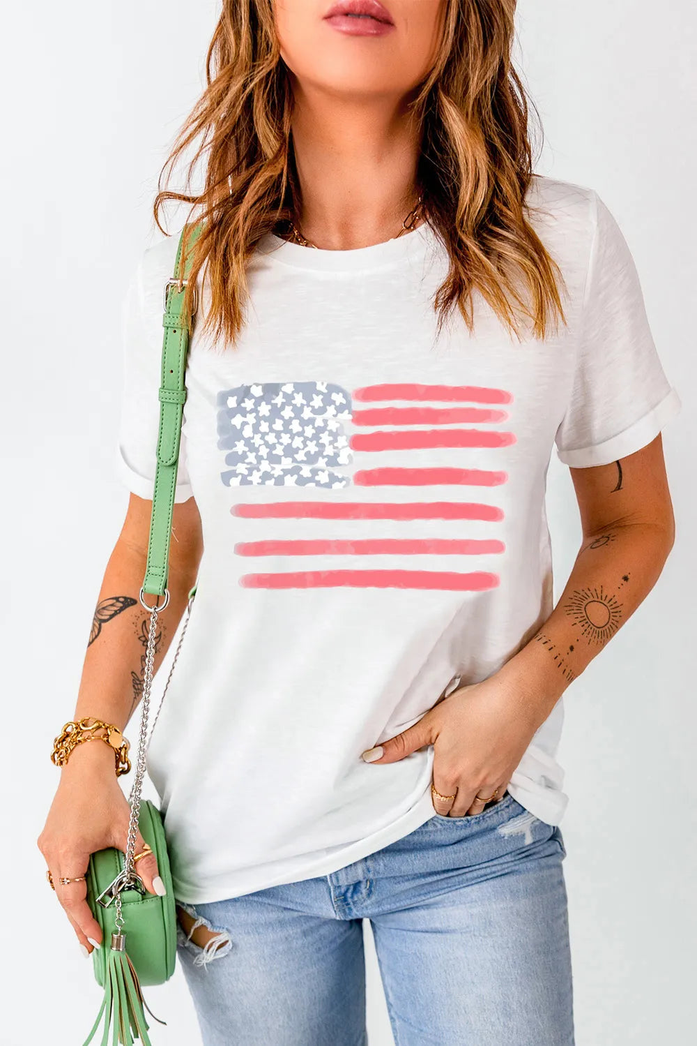 Short sleeve T-shirt with US flag print in polyester cotton blend fabric