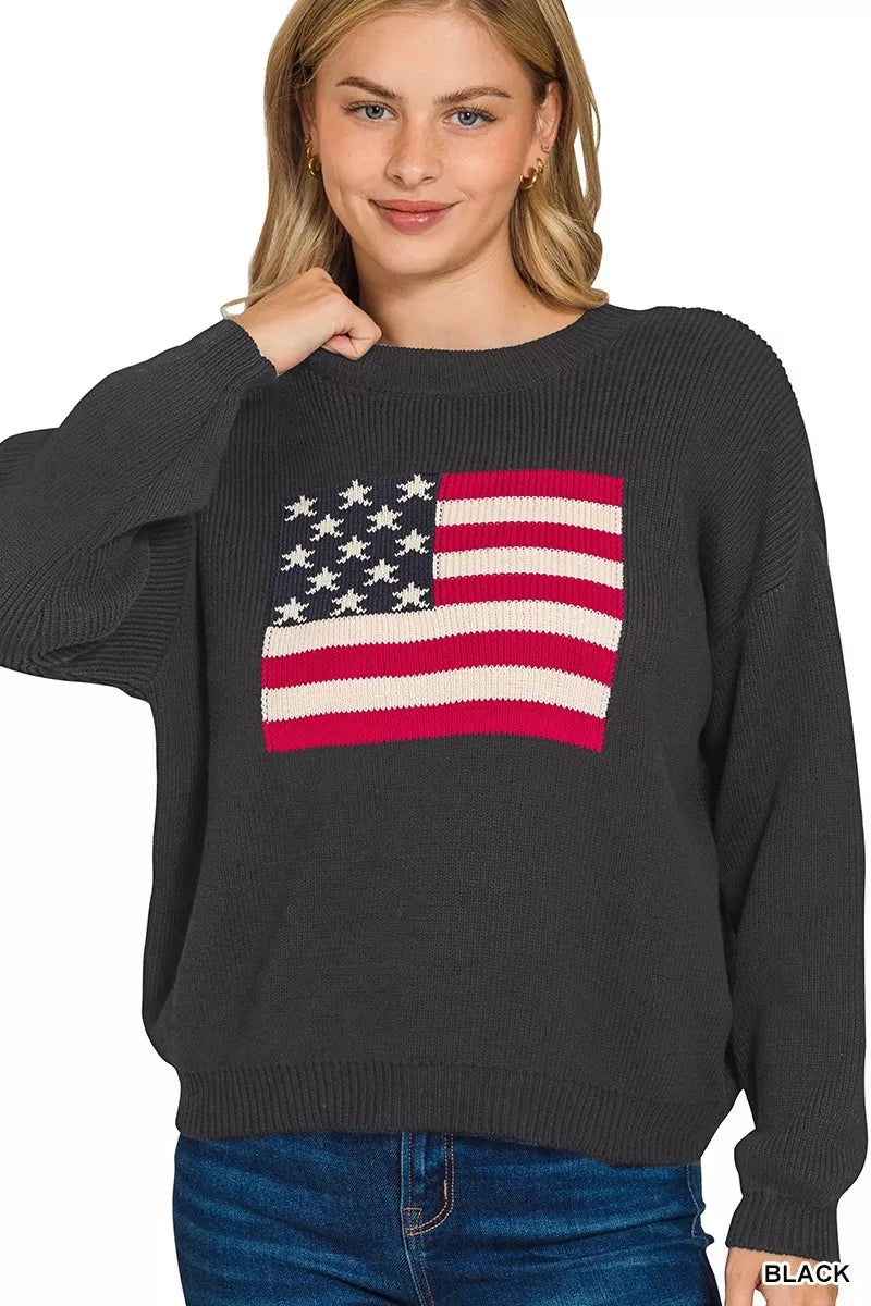 American flag crew neck sweater made of 100% cotton with a classic fit and patriotic design