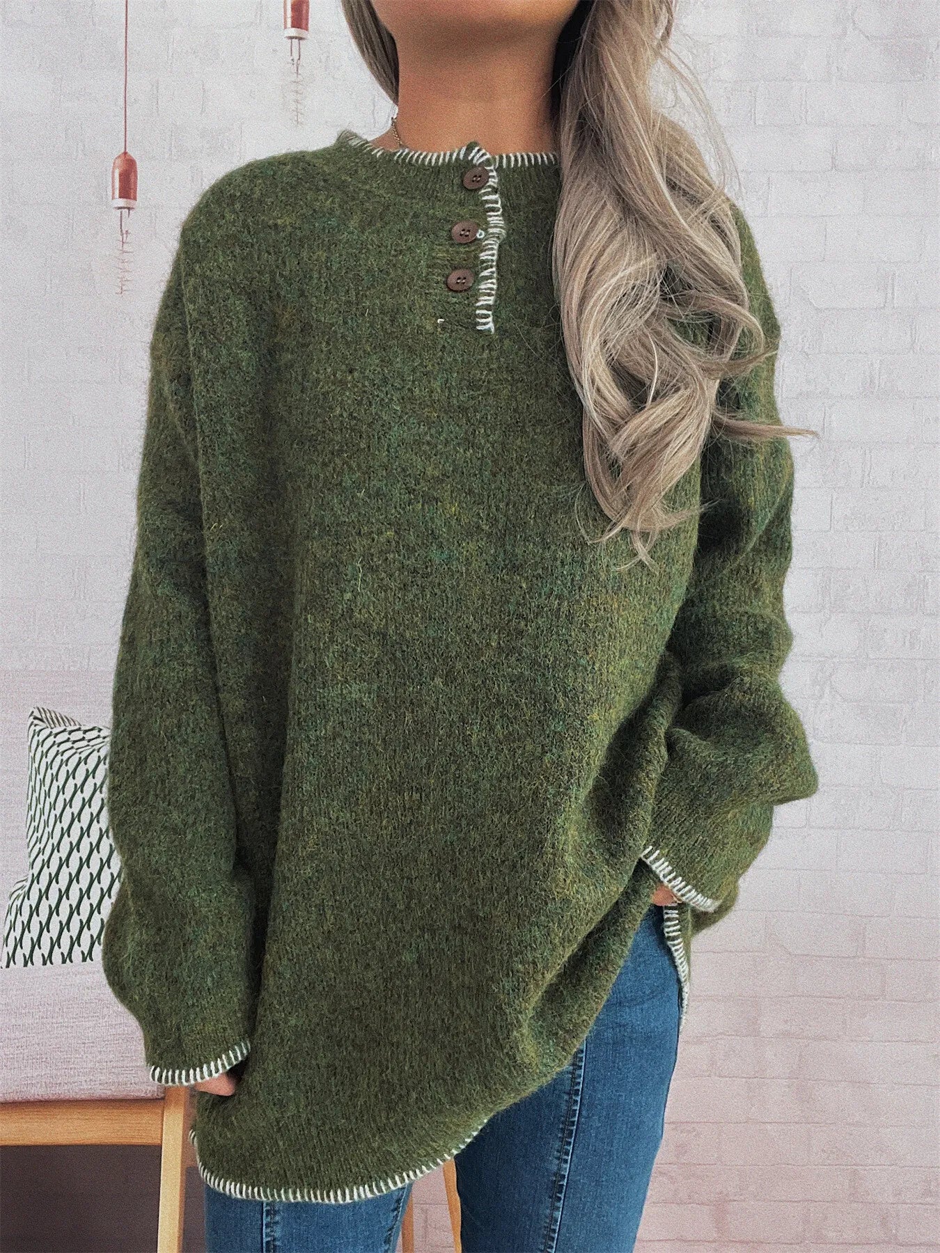 Oversized ribbed long sleeve sweater with button details and contrast stitching in polyester