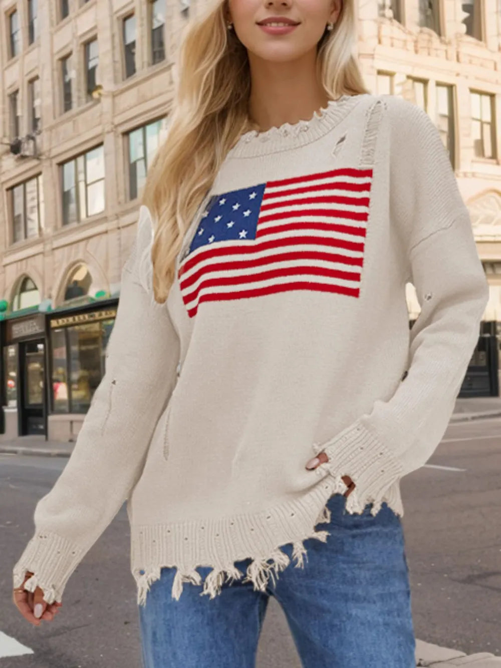 Long sleeve round neck sweater with distressed US flag print in acrylic fabric