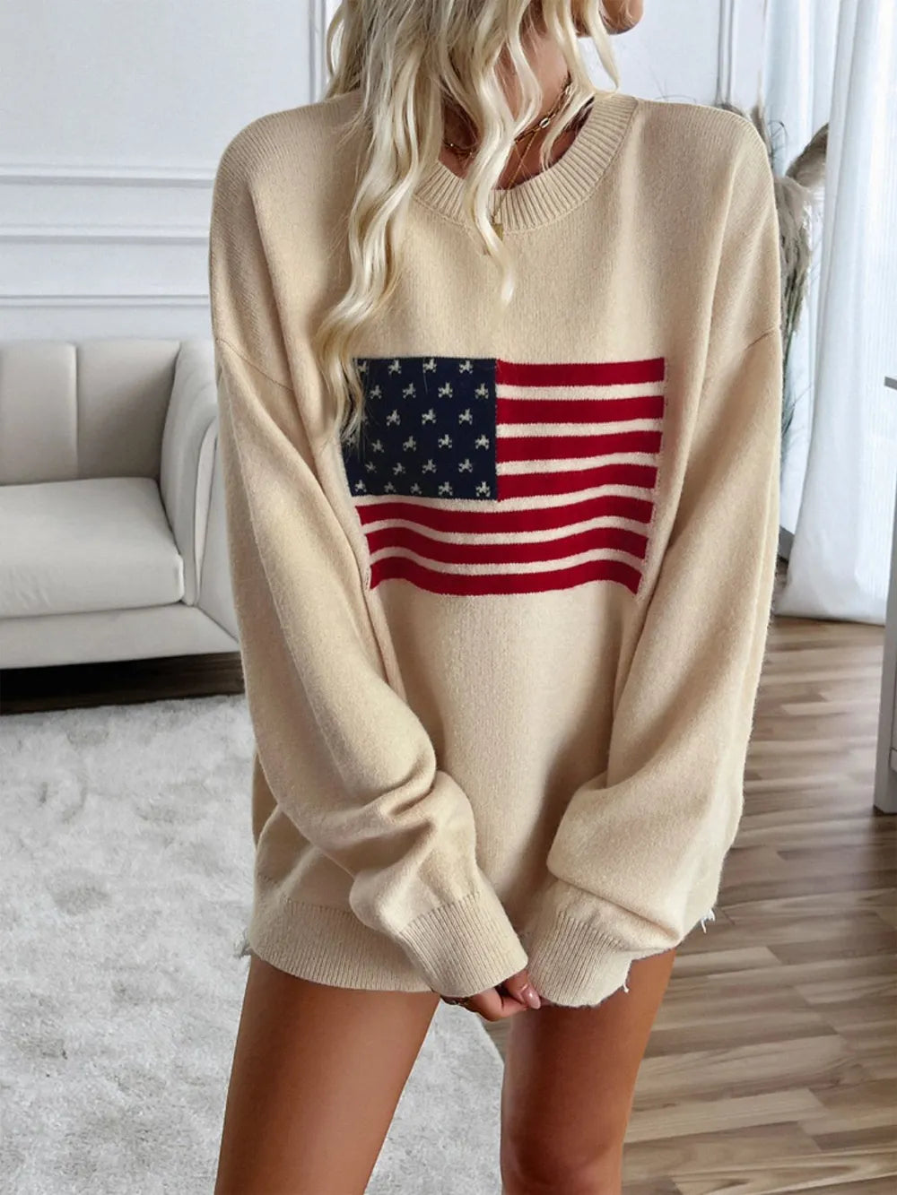 Long sleeve round neck knit top with US flag pattern in acrylic blend fabric