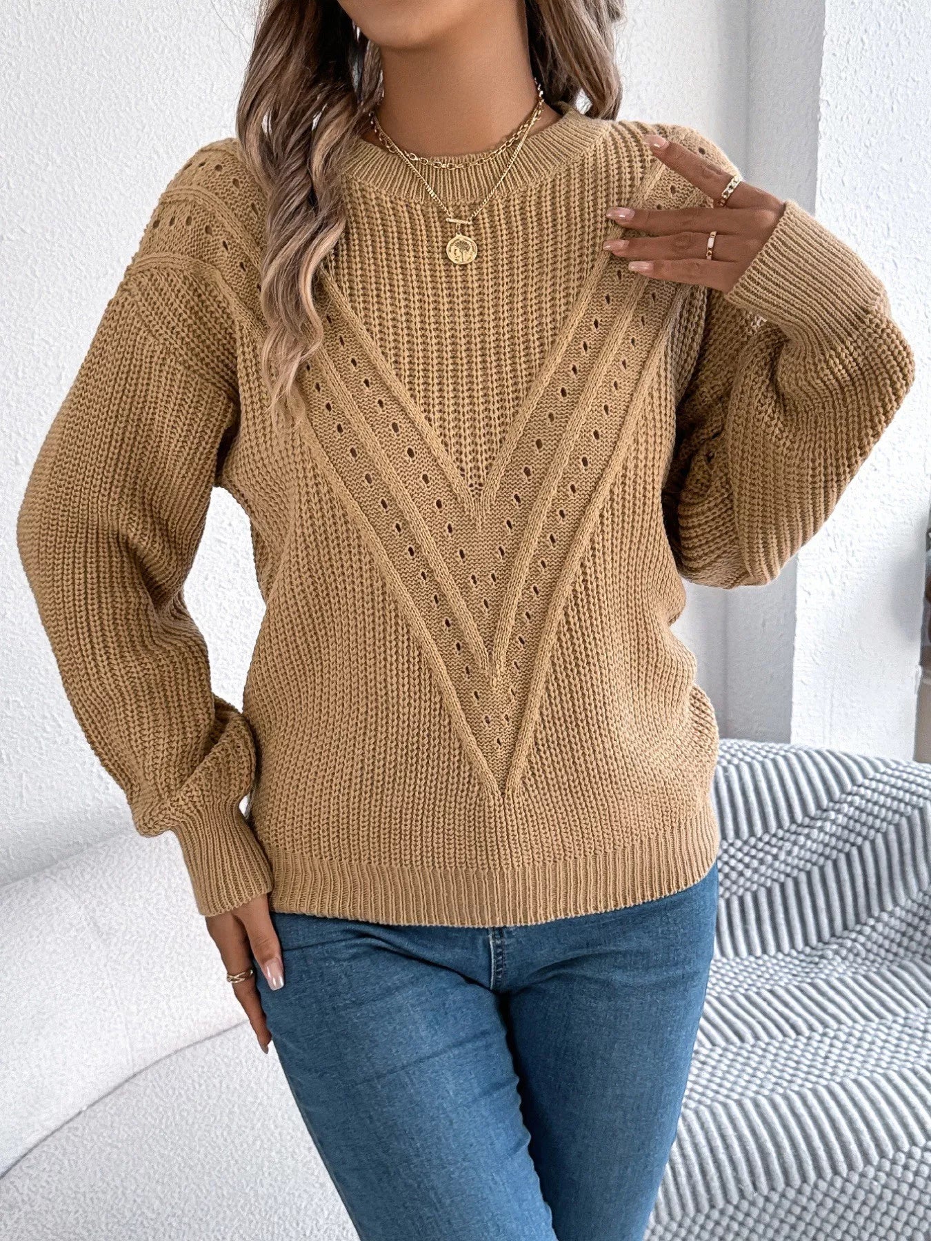 Openwork acrylic sweater with round neck and slightly stretchy breathable knit fabric
