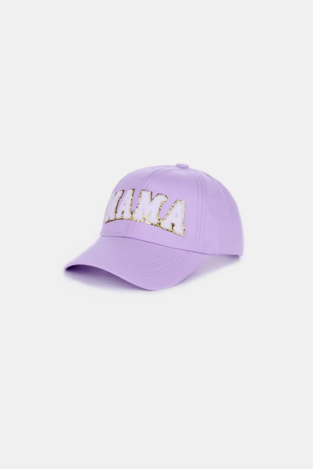 Purple washed cotton baseball cap with white chenille "MAMA" patch.