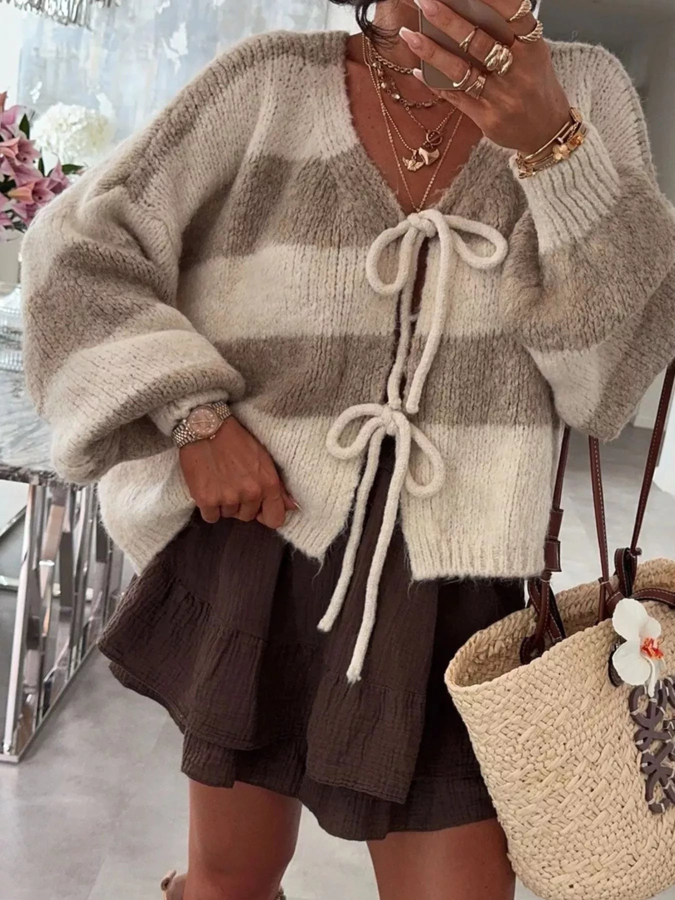 Striped knit cardigan with tie-front and long sleeves in a slightly stretchy fabric