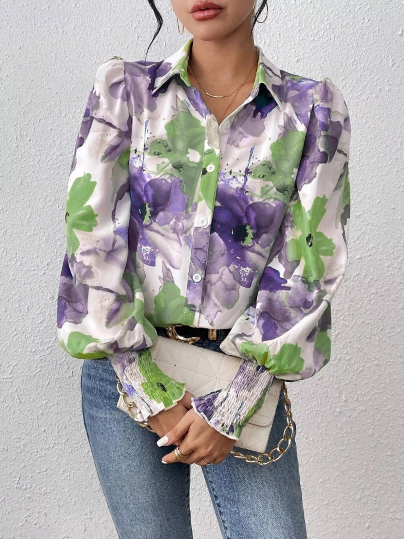 Printed button-up shirt with lantern sleeves in a polyester blend fabric