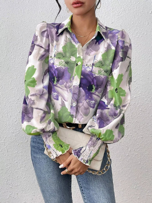 Printed button-up shirt with lantern sleeves in a polyester blend fabric