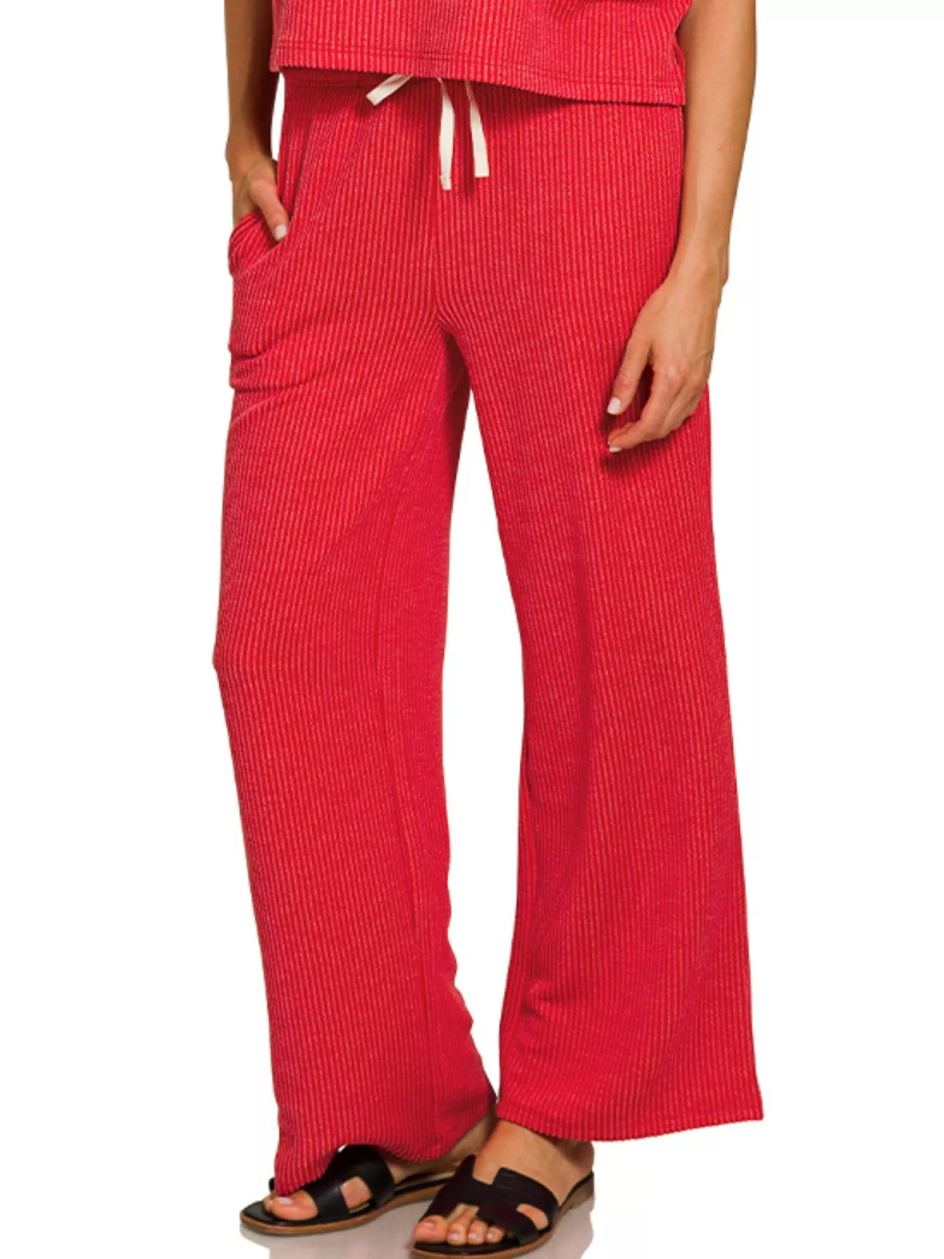 Red raised rib short sleeve tee and drawstring pants set on a model.