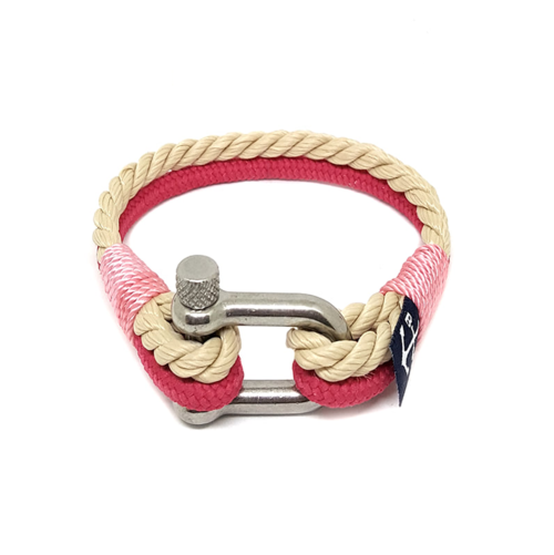 Beige and pink nautical rope bracelet with stainless steel shackle.