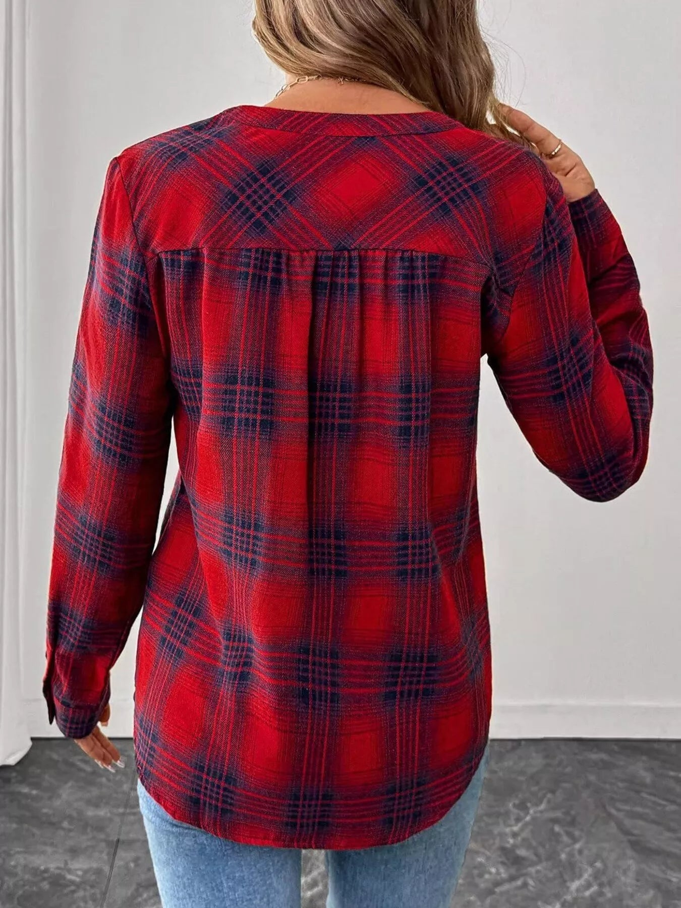 Plaid long sleeve blouse with half button front made of polyester blend fabric