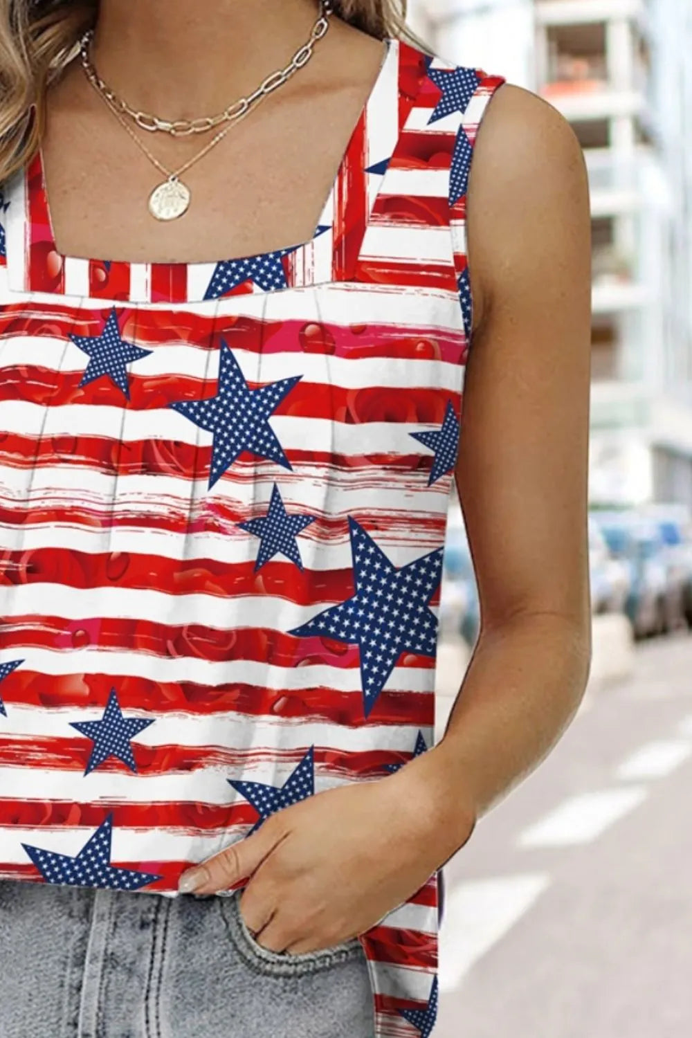 Striped square neck tank top made from a polyester-spandex blend with slight stretch.