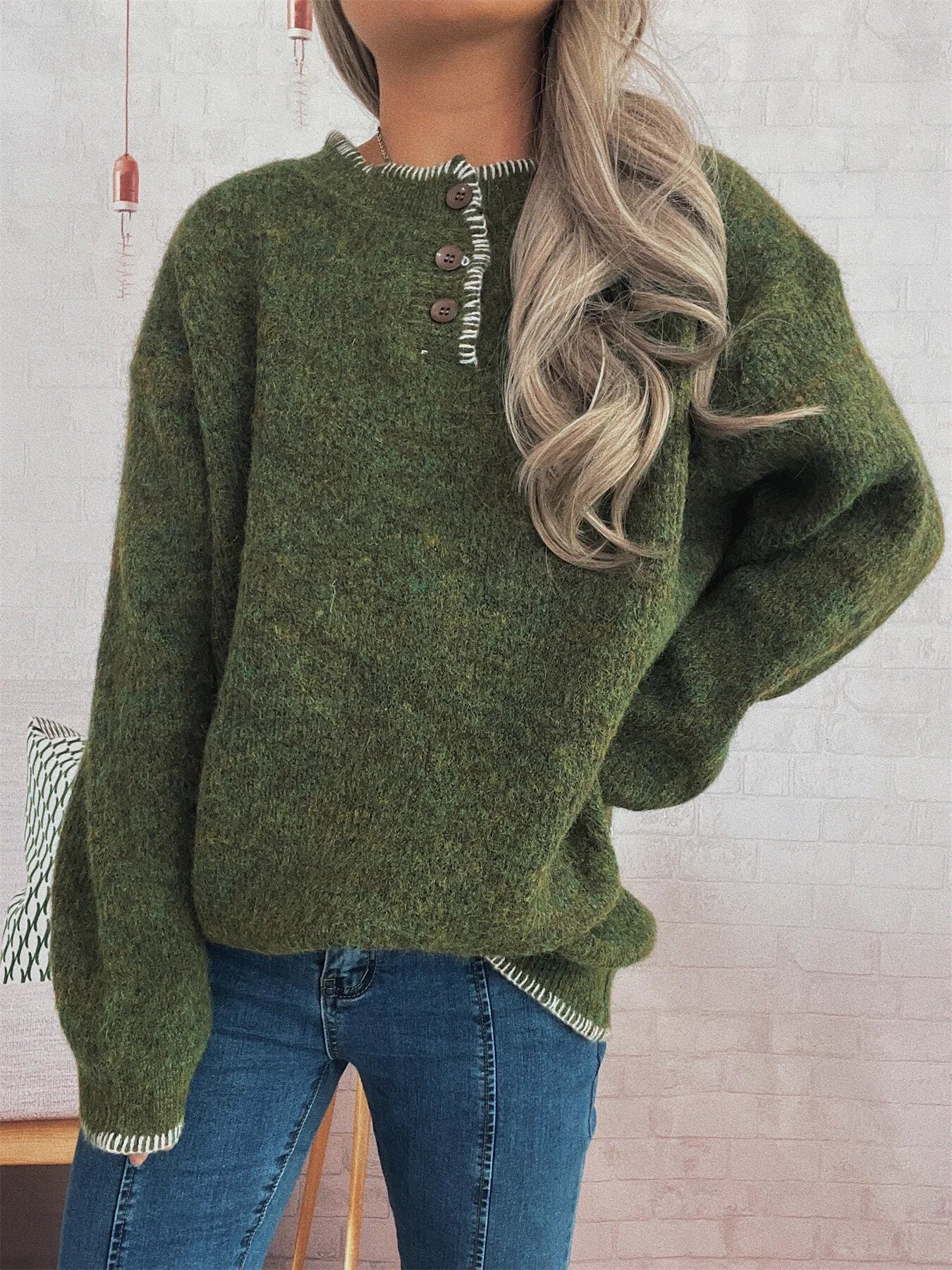 Oversized ribbed long sleeve sweater with button details and contrast stitching in polyester