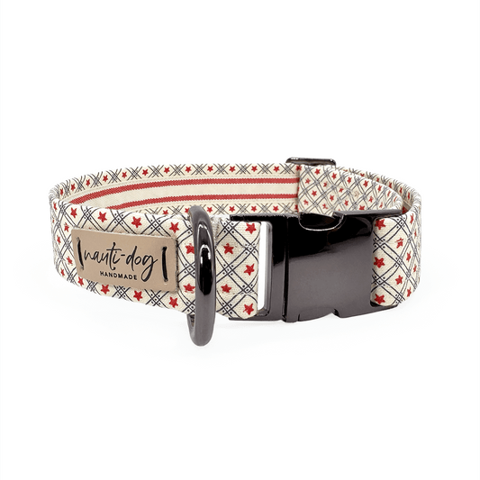 Vintage patriotic dog collar with star pattern, stripes, and buckle.