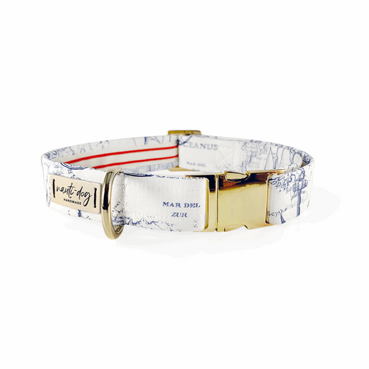 White dog collar with vintage navy nautical map print and gold buckle.