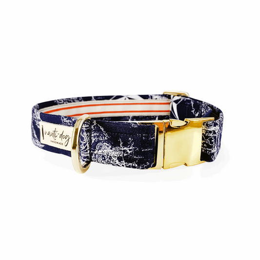 Navy vintage nautical toile dog collar with buckle and martingale.