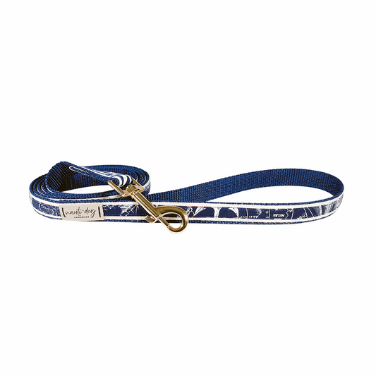 Navy vintage nautical toile ribbon dog leash with gold clasp, 4 feet long.