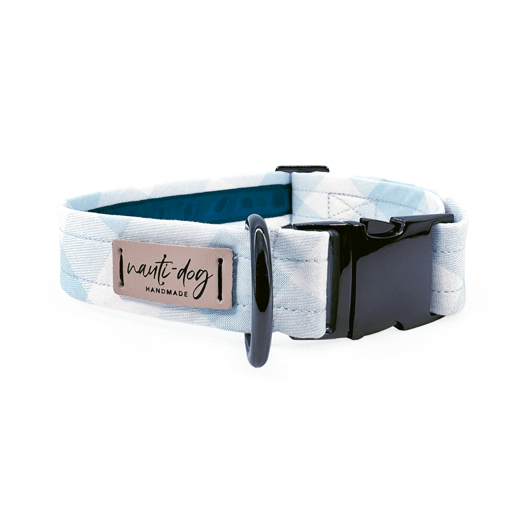 Sky blue check oxford plaid dog collar with buckle and martingale ring.