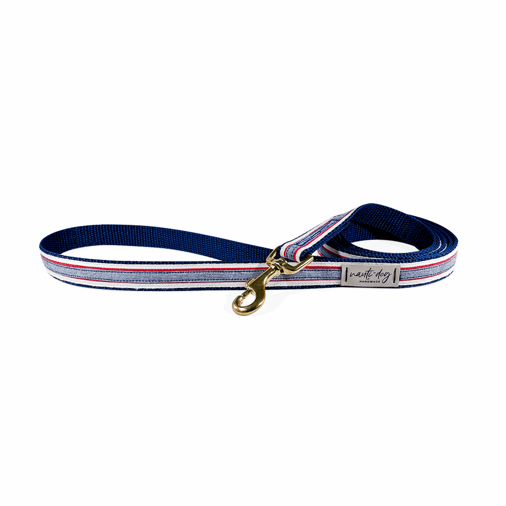 Chambray Classic Oxford Ribbon Dog Leash with navy, white, and red stripes.