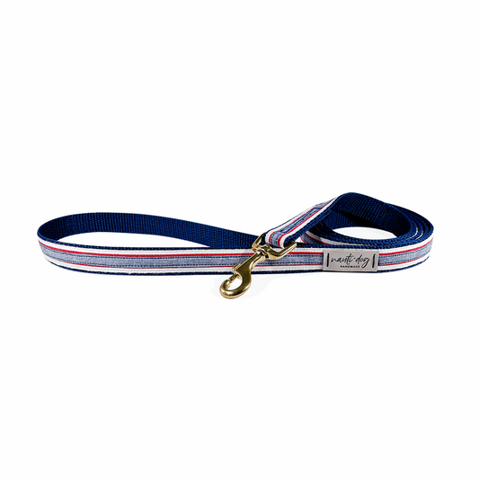 Chambray Classic Oxford Ribbon Dog Leash with navy, white, and red stripes.