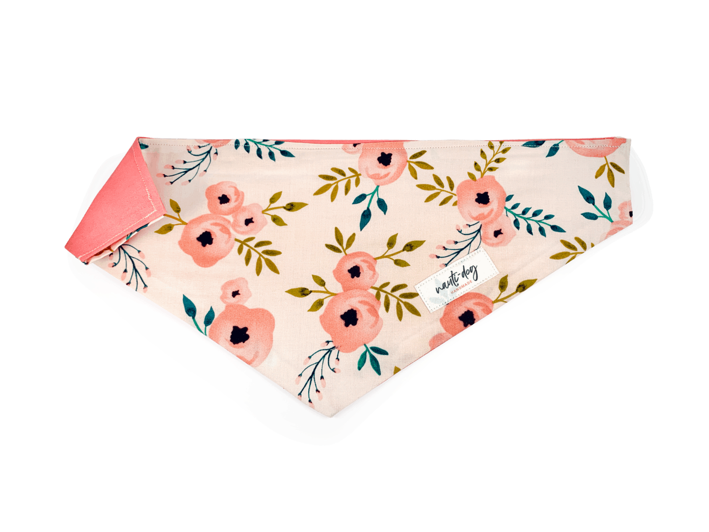 Charleston Blush Floral Tea Rose over-the-collar dog bandana with coral and sage watercolor print.
