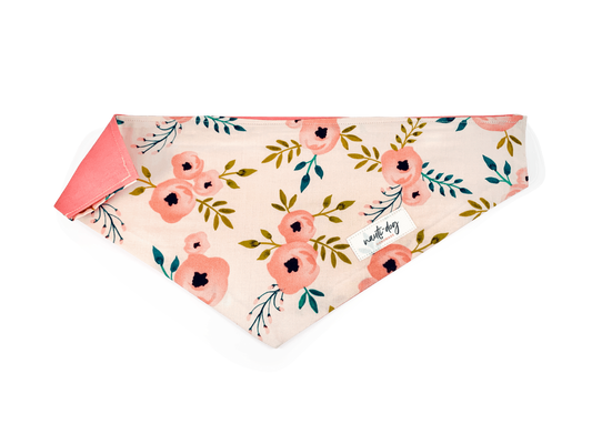 Charleston Blush Floral Tea Rose over-the-collar dog bandana with coral and sage watercolor print.