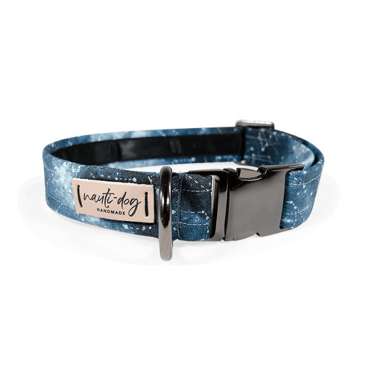Blue dog collar with constellation star chart pattern, buckle, and martingale ring.