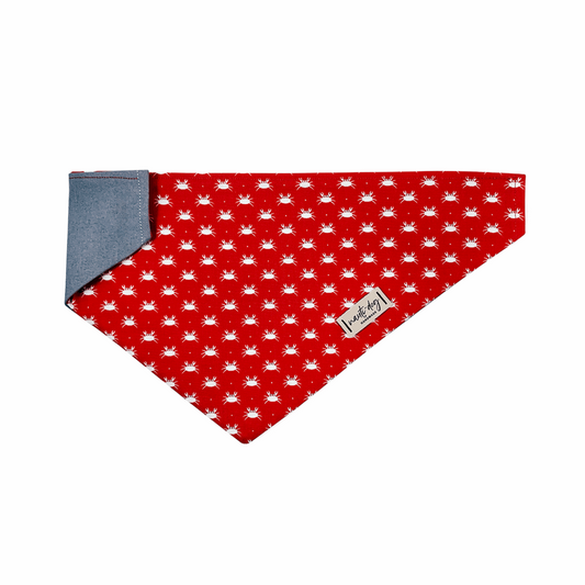 Red Maryland crab-patterned over-the-collar dog bandana with gray trim.