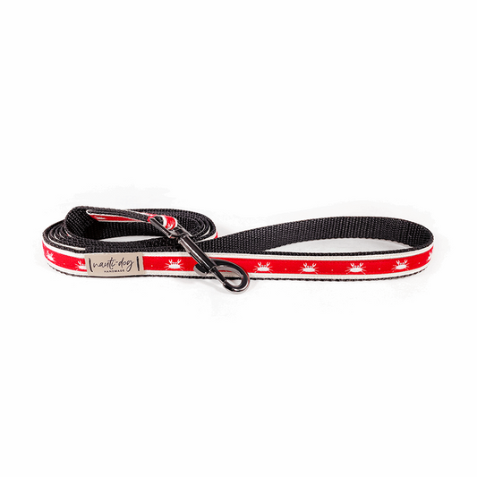 Red Maryland crab-patterned ribbon dog leash with black webbing and silver clasp.
