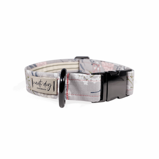 Silver and pink floral dog collar with buckle and martingale ring.