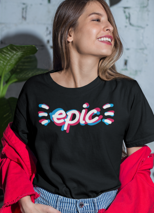 Woman smiling while modeling black ringspun cotton t-shirt with colorful "epic" text.