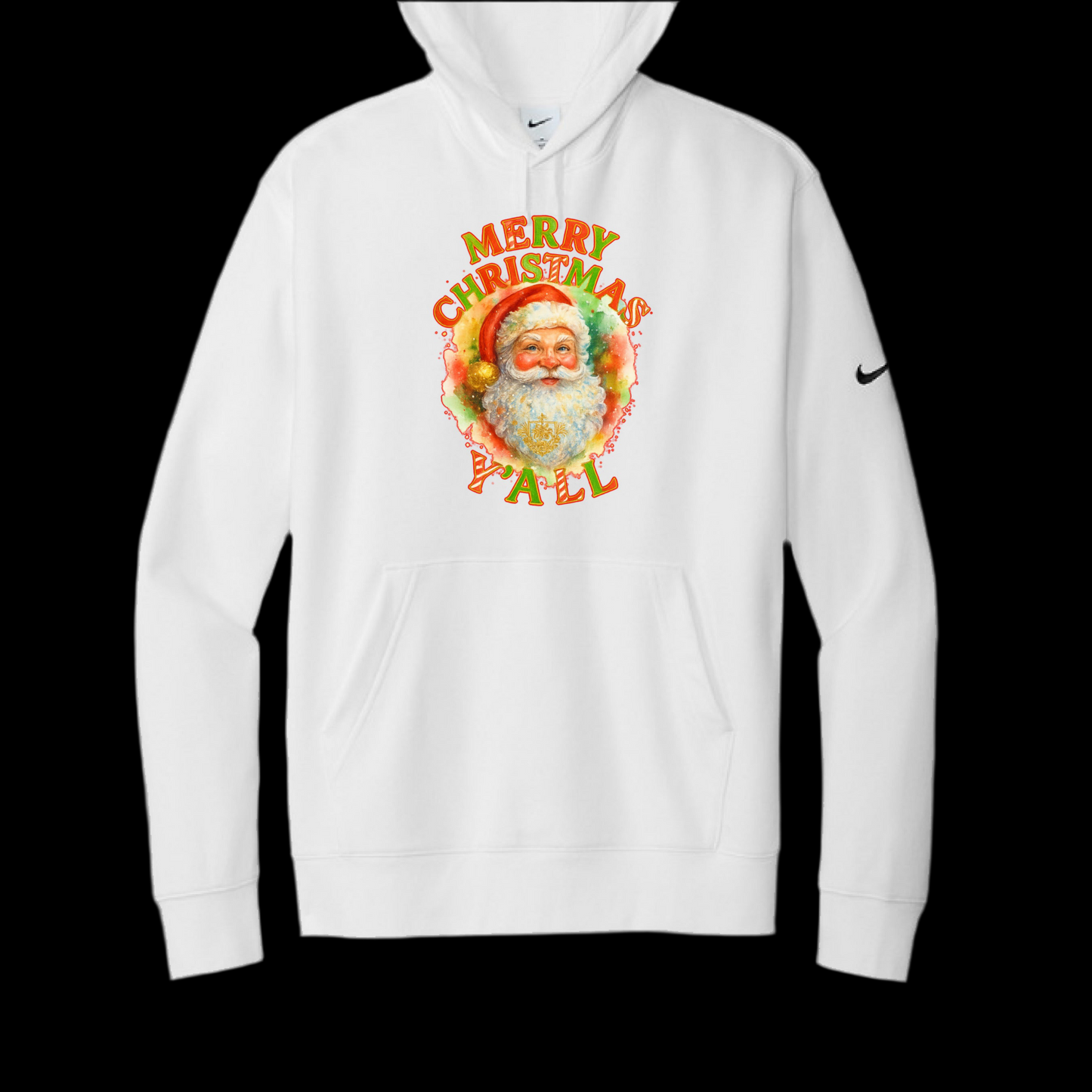 White Nike fleece hoodie with colorful Santa and "Merry Christmas Ya'll" print.