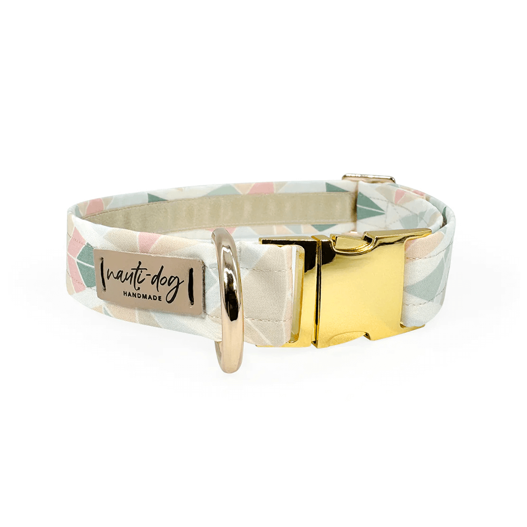 Feather Southwestern geometric mod dog collar in blush, sage, and taupe with gold hardware.
