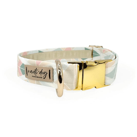 Feather Southwestern geometric mod dog collar in blush, sage, and taupe with gold hardware.