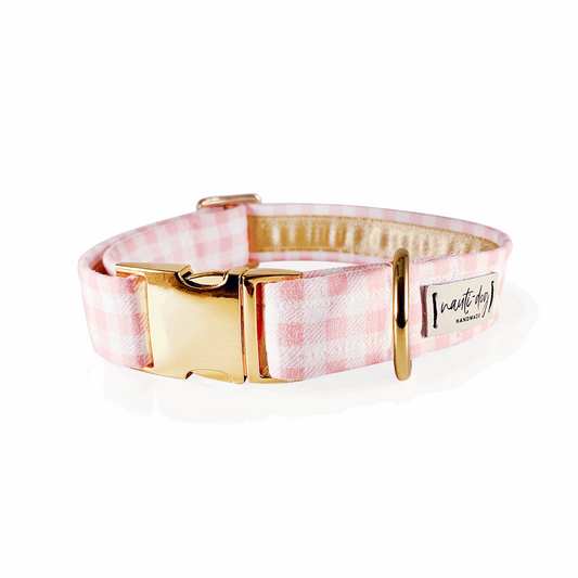 Pink gingham dog collar with gold buckle and martingale ring.