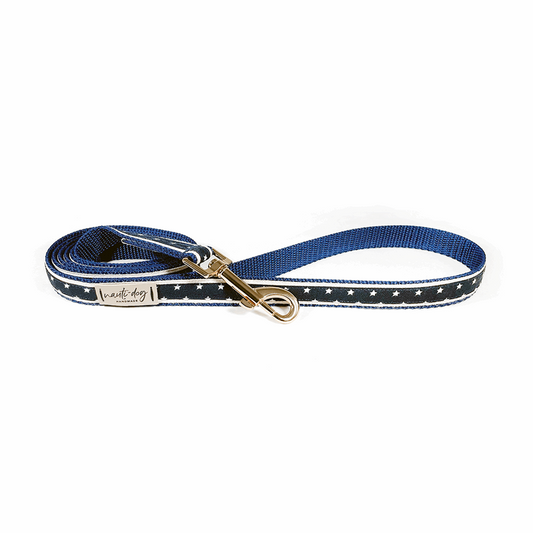 Navy dog leash with white stars and gold hardware, labeled "Nauti Dog.
