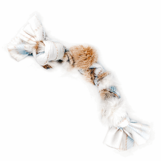 Braided tug toy made from natural rabbit hide and fleece in white and blue.