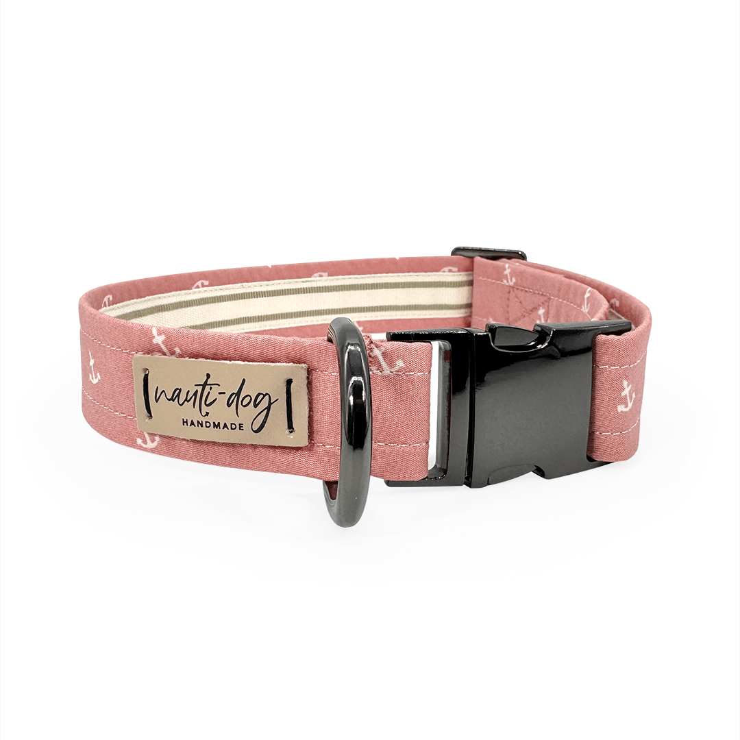 Pink rose dog collar with girly anchor print, martingale ring, and black buckle.
