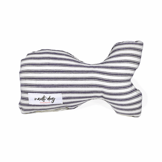 Navy ticking stripe woven stuffed whale squeaker dog toy.