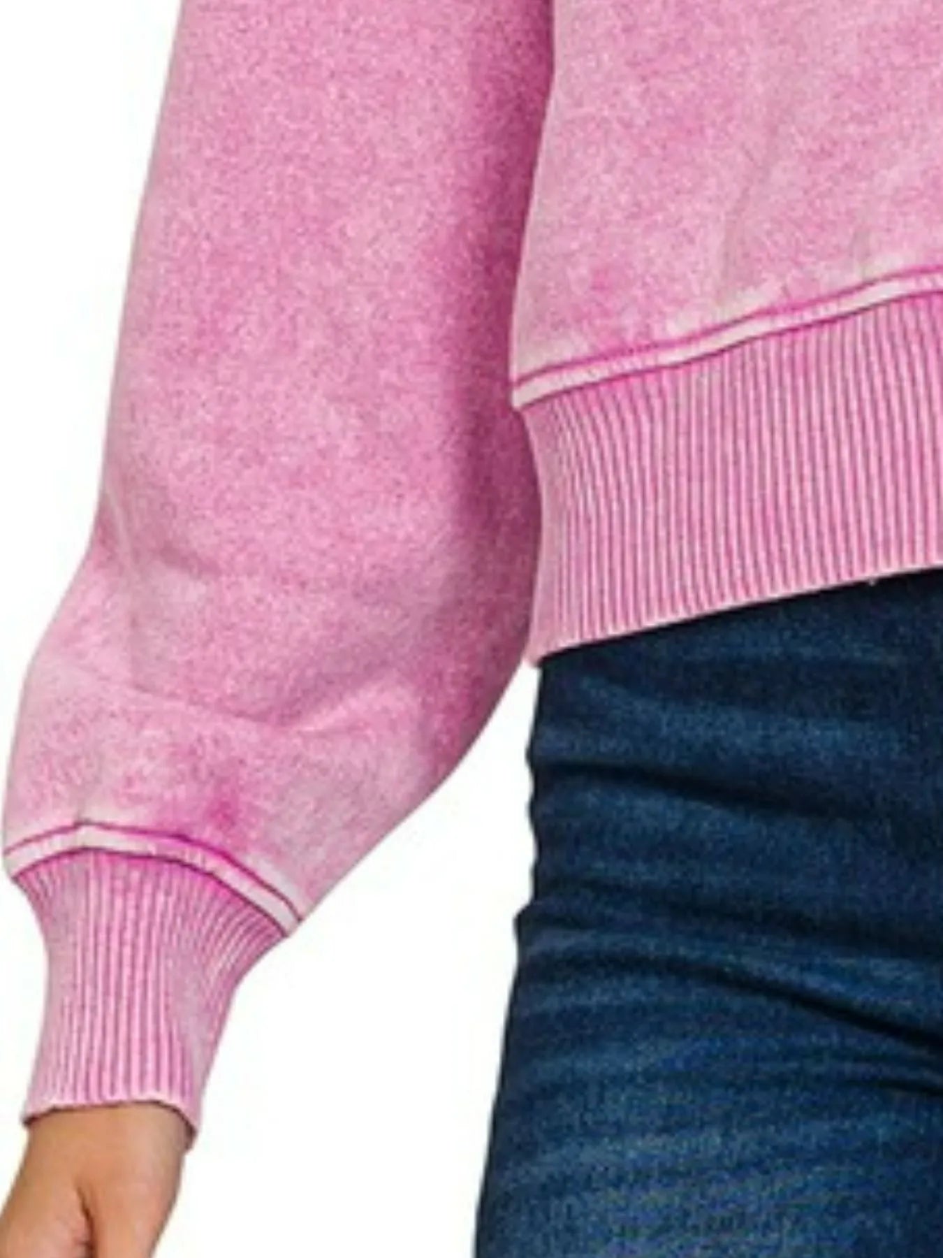Zenana acid wash fleece drawstring cropped hoodie in pink, shown on model.
