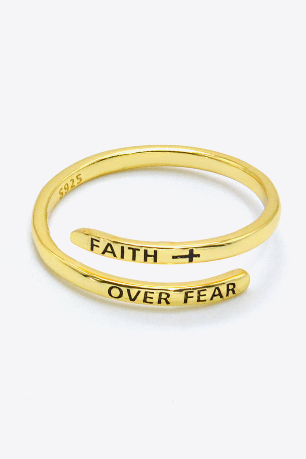 Gold-plated sterling silver bypass ring engraved with "Faith Over Fear" and a cross.