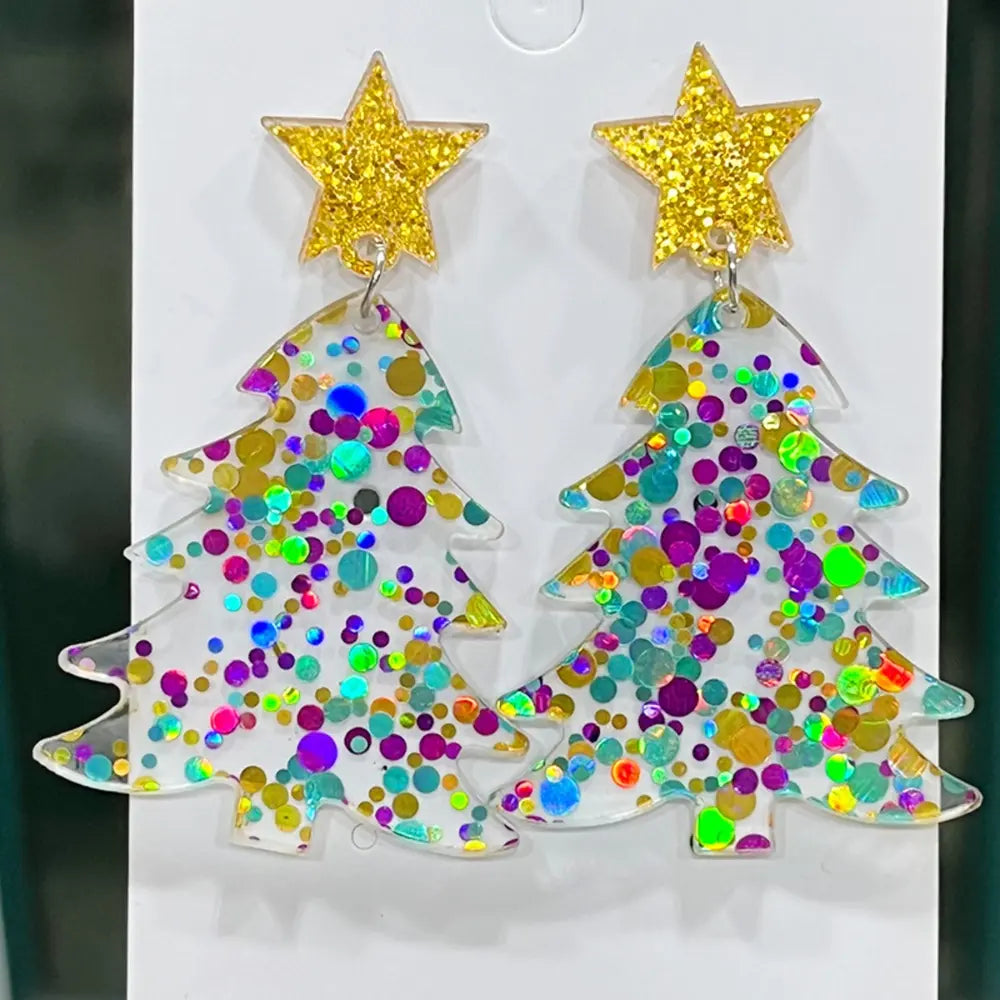 Pair of festive acrylic dangle earrings featuring colorful glitter Christmas trees.