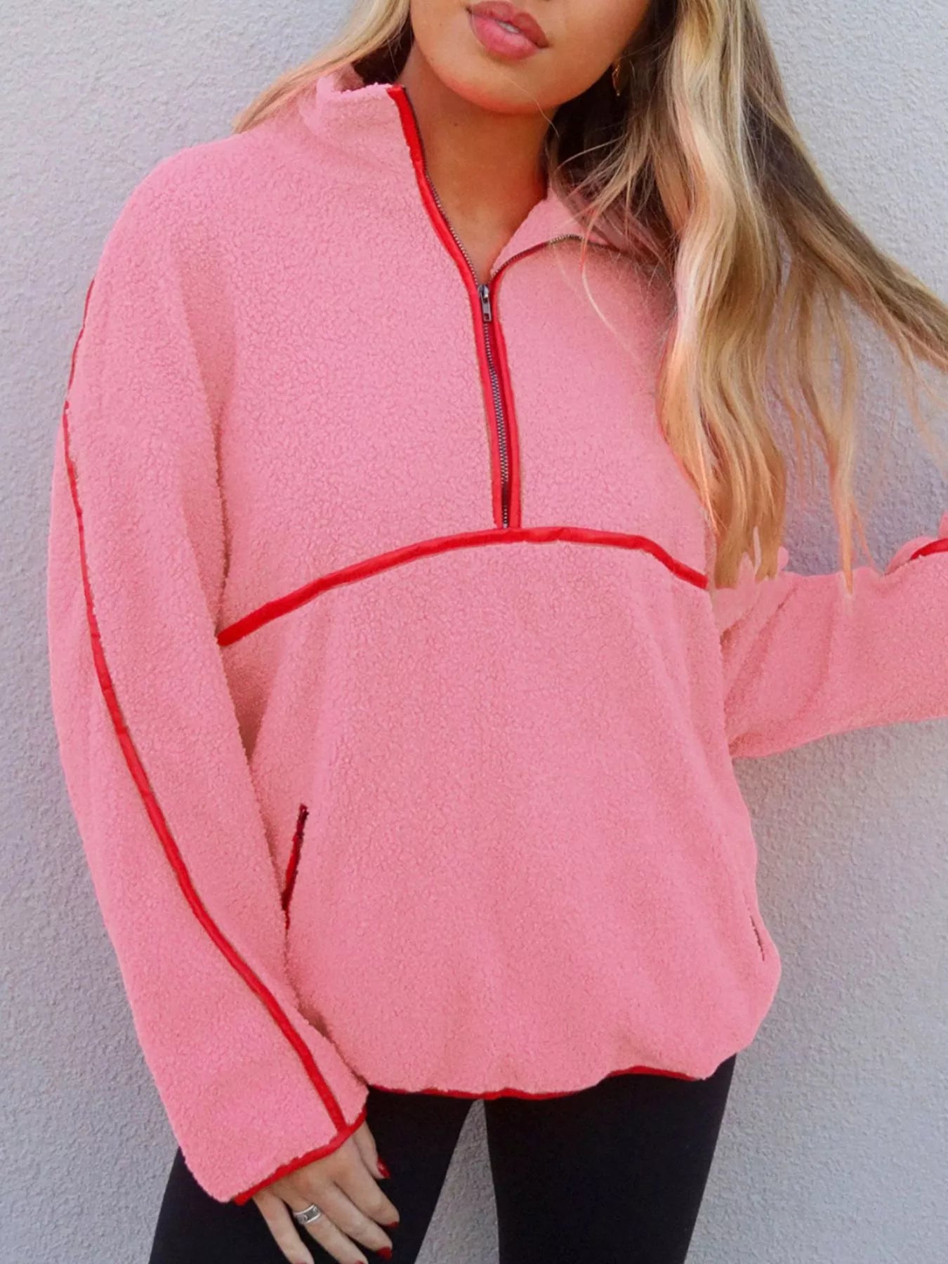 Trendsi Sherpa half zip sweatshirt with faux leather trim and cozy polyester fabric
