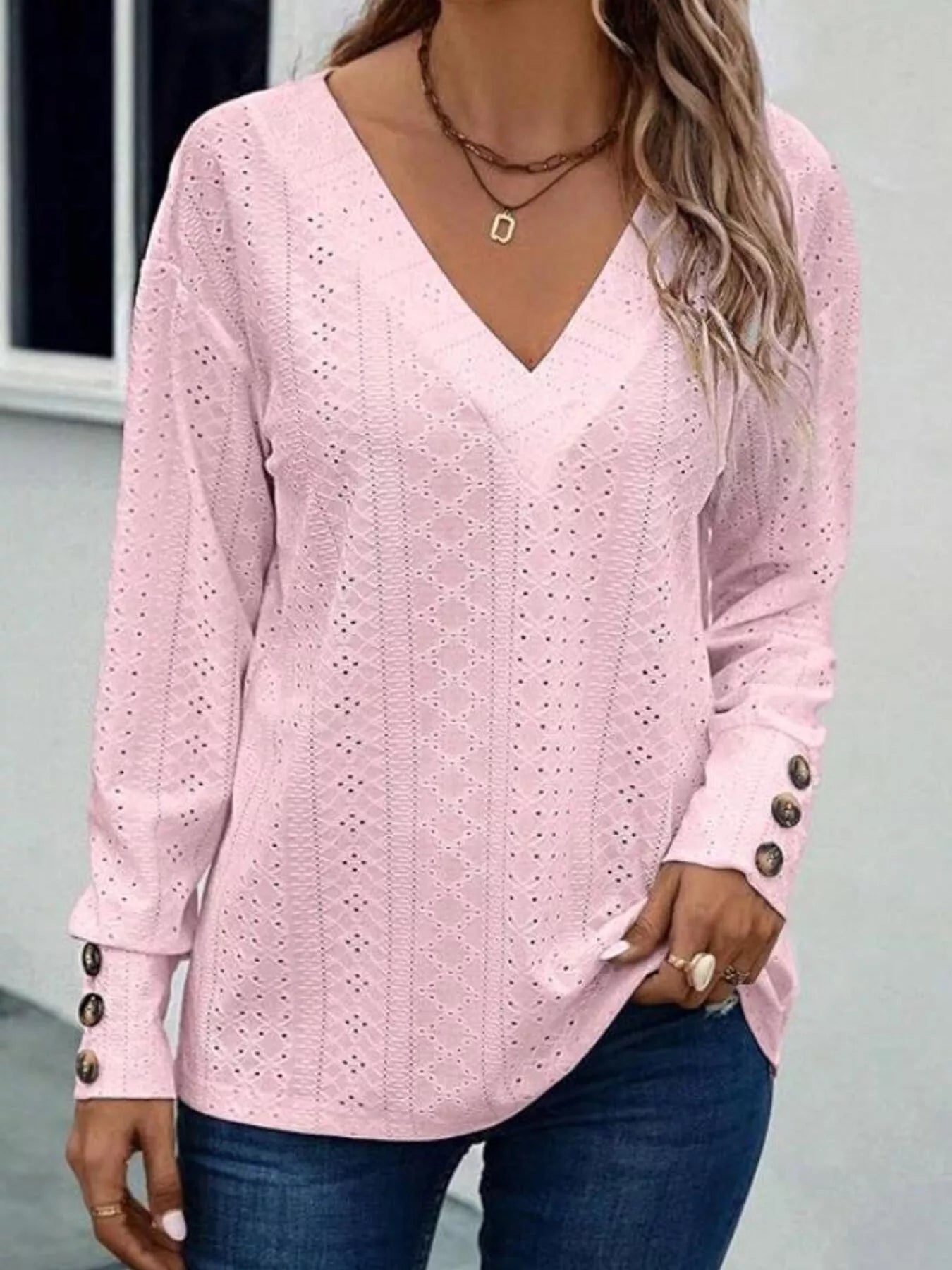 Long sleeve V-neck blouse with eyelet details in a polyester blend fabric