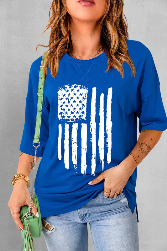 Short sleeve t-shirt featuring a US flag design in a polyester cotton blend.