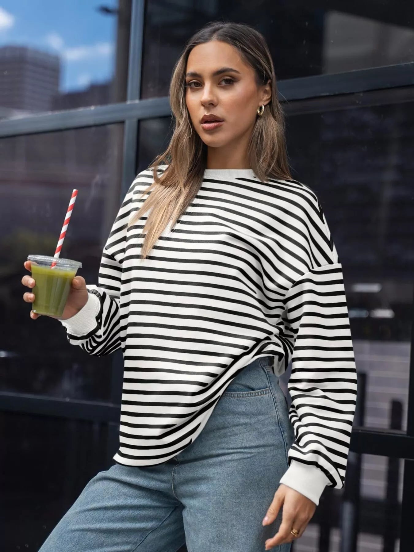Oversized striped sweatshirt in rayon blend with long sleeves and relaxed fit
