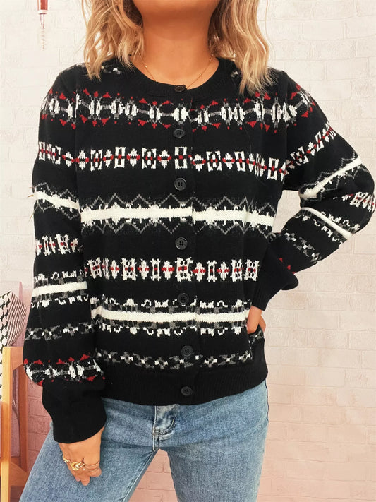 A vintage pattern cardigan with buttons, made of 100% polyester, slightly stretchy.