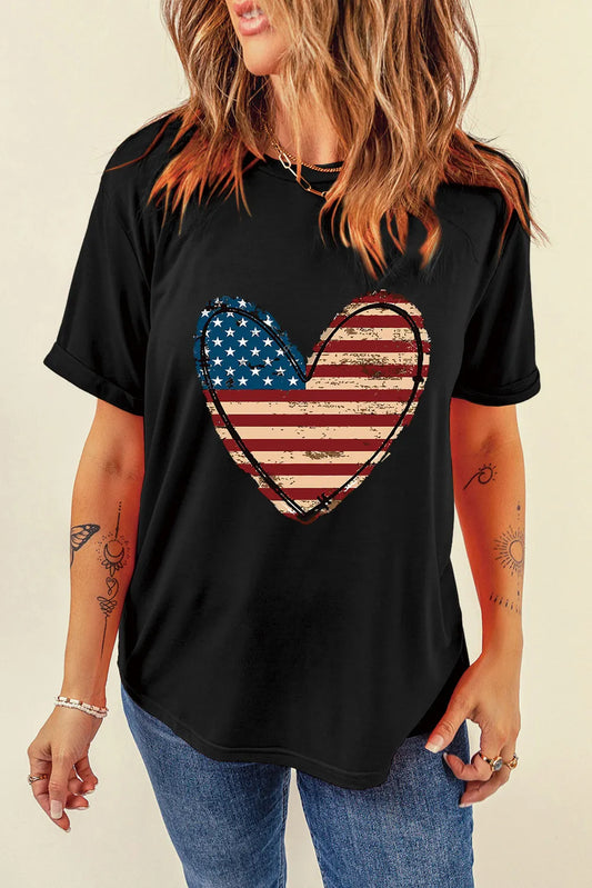 Cotton blend short sleeve T-shirt with a stars and stripes heart design.